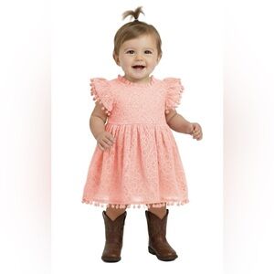 NWT 2Bunnies Lace Pom Pom Trim Baby Girl Dress Ivory size 3 months Rose Pink
